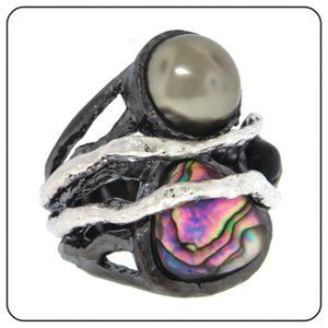 Abalone shell Gray Pearl Ring Two toned matt gun metal silver 5 6 9 New